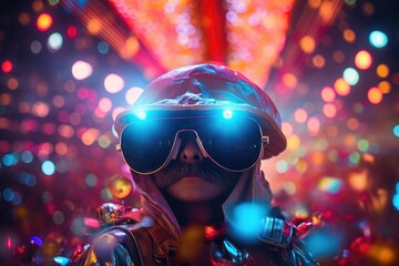 This stylish young man exudes modernity and coolness at a neon-lit disco party. With his fashionable sunglasses and retro hat, he's the epitome of nightlife's energy and style