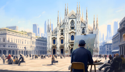 Illustration of beautiful view of Milano, Italy - obrazy, fototapety, plakaty