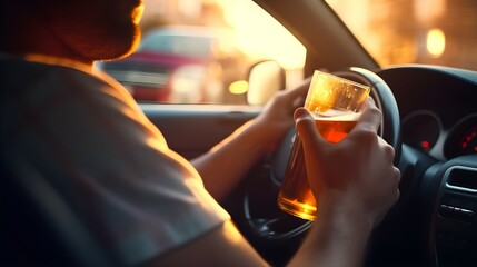 Man driving a car and drinking beer from a glass. Generative ai