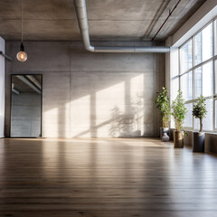 Obraz premium Empty fitness or Pilates center interior with big windows and wooden floor. Modern Loft Studio. Mockup. Template.