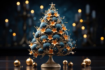 Christmas Tree Adorned with Gold Sparkling Ornaments on a Sparkling Holiday and festive Background