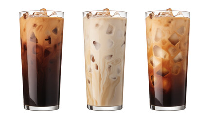 Set of 3 Iced Latte Coffee: A Refreshing Drink in Tall Glass with Ice Cubes on transparent background, PNG