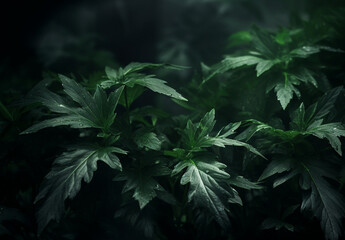 Green Leaves Pattern on dark Background. Natural wallpaper. Copy Space.