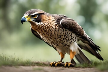 Create an image of a bird of prey, such as a falcon, stooping in an attack posture - obrazy, fototapety, plakaty