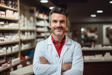 Portrait of smiling friendly male professional pharmacist in red shirt, arms crossed in lab white coat standing in pharmacy shop or drugstore in front of shelf with medicines. Health care concept.