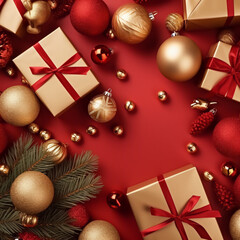 christmas gift boxes and decorations and red background Generative AI 