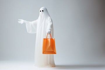 A child in a white Halloween ghost costume with an eco-friendly cotton bag, blending fun and sustainability.