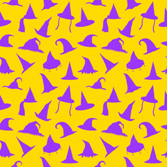 Seamless pattern purple witch hat. Halloween yellow background for design and print
