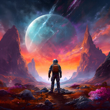 Art Sci-Fi image depicting a lone astronaut exploring a mysterious alien planet with an eerie atmosphere