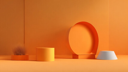 Glossy orange podium with orange background, abstract minimal geometric forms, 3d render