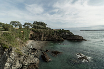 Fototapeta na wymiar Scenic Landscape of a Tree-Covered Cliff Overlooking a Calm Sea