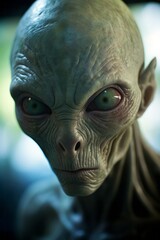 A grey alien in the dark with green eyes and tight grey-green skin