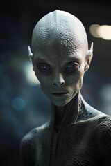 A female grey alien in the dark with large black eyes and pointy ears, stepping from her UFO, or UAP.