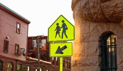 pedestrian sign on urban street corner, symbolizing safety and traffic awareness, with vibrant...