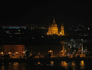 Night view of St Stephens Church in Budapest capital of Hungary and reflections on Danube River