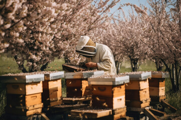 Man beekeeper with bee hives in spring blooming trees .
