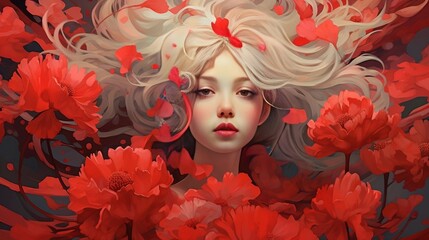 Naklejka premium Beautiful blonde girl with red flowers. Portrait of a beautiful woman with red flowers in her hair.