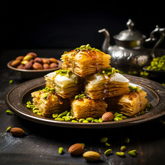 Pistachio Baklava, Traditional Turkish Baklava On A Dark Background. Dessert Food