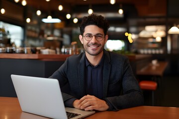 Fototapeta premium Portrait of businessman works on laptop.