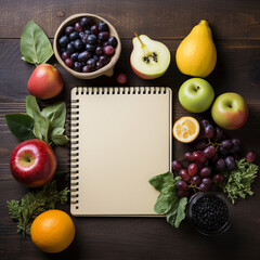 Free photo a notebook and healthy foods Generative AI