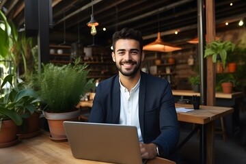 Portrait of businessman works on laptop.
