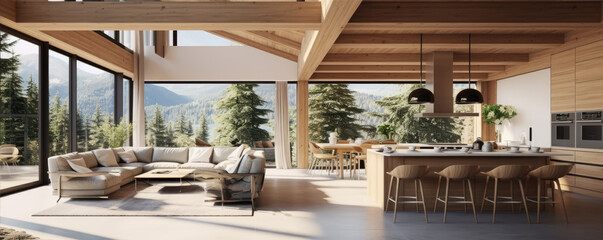 Fototapeta premium Modern stylish living room and kitchen with big windows.