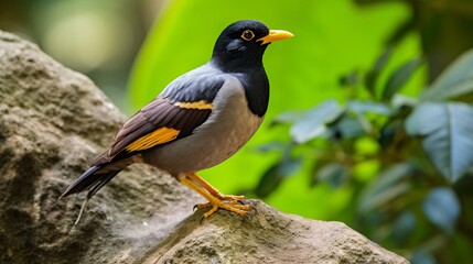 The Asian native Common Myna, also known as Indian Myna or Acridotheres Tristis (also spelt Mynah), is a member of the Sturnidae family, which includes starlings and mynas. - obrazy, fototapety, plakaty