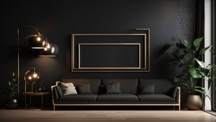 Modern dark home interior background, wall mock-up, 3D render