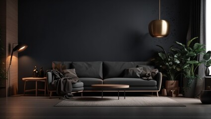Modern dark home interior background, wall mock-up, 3D render