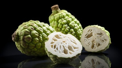 Obraz premium Sweet sugar apples cut open showing creamy white flesh beside whole tropical custard fruits.