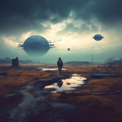 Sci-fi art image that features a lone traveler navigating a desolate, alien landscape, surrounded by an eerie atmosphere