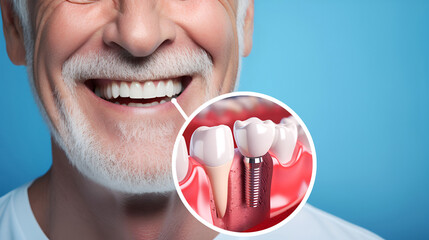 Cropped smile of an elderly man with a gray beard and perfect teeth and a macro zoom of a collage of an implanted tooth in the gum on a blue background with copy space. Dentistry concept, prosthetics