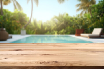 Fototapeta na wymiar Empty wooden table top and blurred outdoor pool, spa on the background. Copy space for your object, product presentation. Display, promotion, advertising. Holiday, vacation, relax mood.