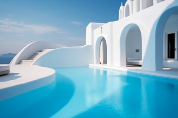 Obraz na płótnie Canvas Swimming pool at luxury greek island hotel with cyclades style arched architecture on island. Generative AI