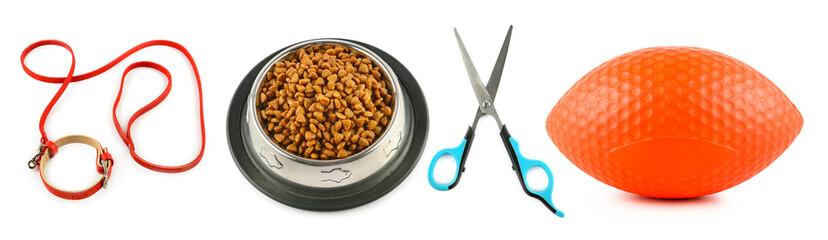 Dry food, Scissors and leash for pet on isolated white background. Wide photo. Collage.