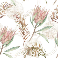Watercolor exotic seamless pattern with protea, golden elements and jungle leaves. Abstract illustration on white background