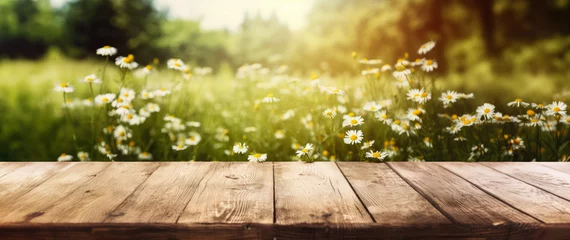 Acrylic prints Meadow, Swamp Empty rustic old wooden boards table copy space with chamomile flowers growing on a meadow background. Product display template. Generative AI