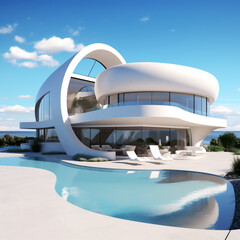 Obraz na płótnie Canvas Futuristic house built on tropical island, desert island, future architecture, house design, home. Generative AI