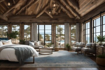 rustic coastal retreat that combines beachy elements with classic cabin aesthetics.