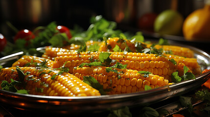 A close up of a corn and tomato salad UHD wallpaper Stock Photographic Image - obrazy, fototapety, plakaty