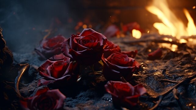 A single rose's petals are burning on a heap of coals and ashes.