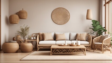 Mock-up frame in home interior background, white room with natural wooden furniture, Scandi-Boho style, 3D render