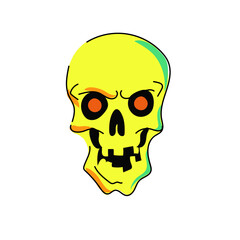 Halloween skull isolated. Yellow bright skull with glowing eyes. Human skull with an evil facial expression. Front view. Hand drawn. Vector illustration.