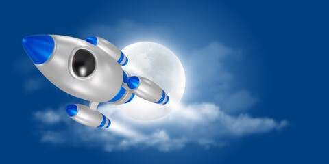 3d realistic Rocket or spaceship flies in space, moon and clouds on background. Start up, launch new project, business challenge or achievement concept. Vector illustration. 