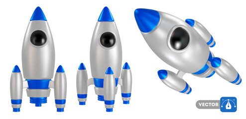 3d realistic Rocket, spaceship set, grey, silver and blue colored, from different angles, isolated on white background. Start up, launch new project, business achievement concept. Vector illustration