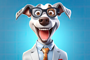 Petfluancers - Canine in the Corporate World: A 3D-Generated Dog's Business Attire Aspirations on Blue Background