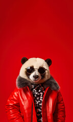 Cool looking panda bear wearing funky fashion dress - jacket, shirt, sunglasses. Vertical banner with copy space above. Stylish animal posing as supermodel. Generative AI