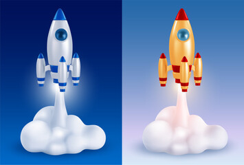 3d realistic Rocket or spaceship, blue or yellow red colored, launch with smoke isolated on blue background. Start up new project, business challenge or achievement concept. Vector illustration. 