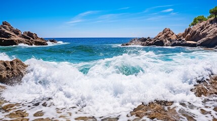 Obraz premium Powerful white ocean waves vigorously break against rugged rocks creating dramatic sea spray under clear.