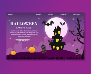 halloween landing page in flat design with purple gradation background